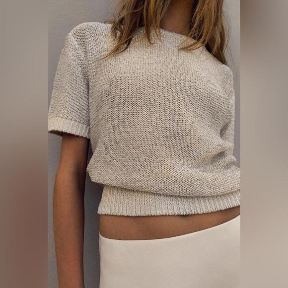 Zara Silver SEQUIN KNIT TOP Size Medium - Picture 1 of 8